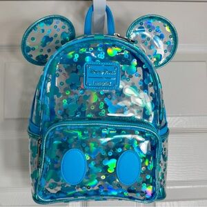 NWT. Disney Parks Loungefly Mickey Mouse Icon Clear And Turquoise Mini Backpack.
